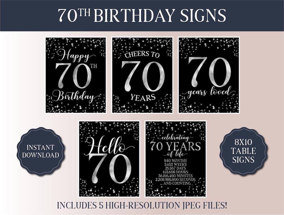 70th Birthday Signs Bundle - Black and Silver Party 2025 - Instant ...