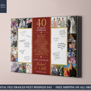 40th Wedding Anniversary Photo Collage with Signatures - 40 Years of Marriage Custom Guestbook Sign - 40 Year Picture Collage Party Decor