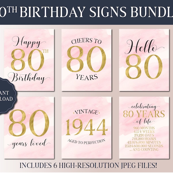 80th Birthday Signs Bundle - Pink Watercolour Party 2024 - Instant Download Printable Tabletop Party Signs - Hello 80 - Vintage 1944