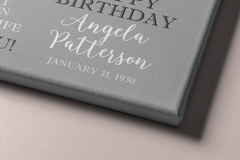 May include: A gray canvas print with the text "Happy Birthday Angela Patterson January 31, 1930" in white and black lettering.