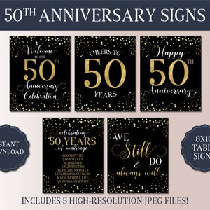 50. Hochzeitsjubiläum Schilder Bundle - Verheiratet 1975 - Goldene Jubiläumsparty - Schwarz und Gold Schilder - Jubiläumsfeier Dekor