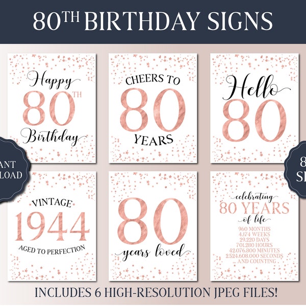 80th Birthday Signs Bundle - White and Rose Gold Party 2024 - Instant Download Printable Party Signs - Hello 80 - Vintage 1944