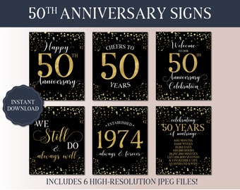 50th Wedding Anniversary Signs Bundle - Married in 1974 - Golden Anniversary Party - Black and Gold Tabletop Signs - Anniversary Party Decor