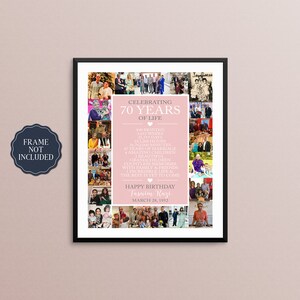 May include: A pink and white photo collage celebrating 70 years of life. The collage features photos of a family throughout the years, with a list of milestones and a birthday message for Tasnim Razi. The text reads "Celebrating 70 Years of Life", "Happy Birthday Tasnim Razi", and "March 28, 1952".