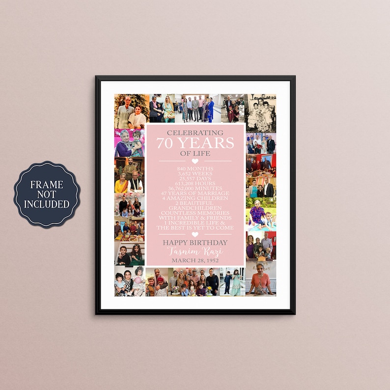 May include: A pink and white photo collage celebrating 70 years of life. The collage features photos of a family throughout the years, with a list of milestones and a birthday message for Tasnim Razi. The text reads "Celebrating 70 Years of Life", "Happy Birthday Tasnim Razi", and "March 28, 1952".