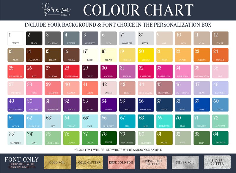 May include: A color chart with 84 different color swatches. The chart is labeled "foreva PRINTS COLOUR CHART". The chart includes a section for font choices with the options: Gold Foil, Gold Glitter, Rose Gold Foil, Rose Gold Glitter, Silver Foil, and Silver Glitter.