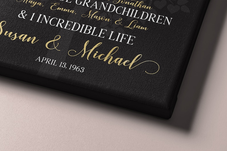 May include: Black canvas with gold text that reads "Susan & Michael" and "April 13, 1963". The text also includes the names "Maya, Emma, Mason & Liam" and "Grandchildren".