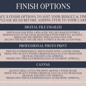 May include: A graphic with three options for finishing a digital print: digital file emailed, professional photo print, and canvas. The digital file option is a download link with a JPEG and PDF file. The professional photo print is printed on professional photo paper with a lustre finish. The canvas option is 1.25 inches thick and wrapped around a wood frame.