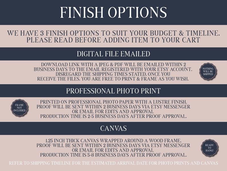 May include: A graphic with three options for finishing a digital print: digital file emailed, professional photo print, and canvas. The digital file option is a download link with a JPEG and PDF file. The professional photo print is printed on professional photo paper with a lustre finish. The canvas option is 1.25 inches thick and wrapped around a wood frame.