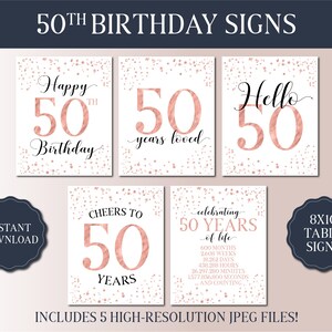 Paquete de carteles para el 50.° cumpleaños: fiesta en oro rosa 2025: carteles para fiestas imprimibles con descarga instantánea: 50 Hola, estilo vintage de 1975