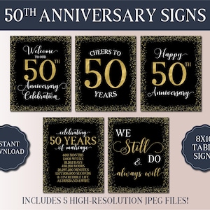50. Hochzeitsjubiläum Schilder Bundle - Verheiratet 1974 - Goldene Jubiläumsparty - Schwarz Goldfolie Tischplatte - Jubiläum Party Dekoration
