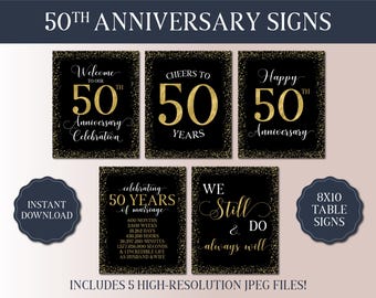 50th Wedding Anniversary Signs Bundle - Married in 1974 - Golden Anniversary Party - Black Gold Foil Tabletop Sign - Anniversary Party Decor