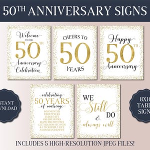 50. Hochzeitsjubiläum Schilder Bundle - Verheiratet 1975 - Goldene Jubiläumsparty - Weißgoldfolie Tabletop Schild - Jubiläumsfeier Dekor