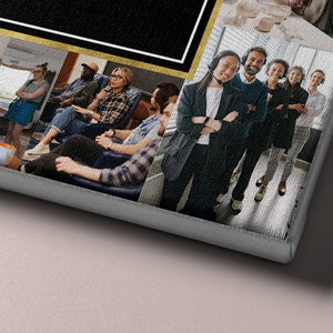 May include: A collage of images featuring a group of people in a variety of settings. The top image shows a black and white background with a gold frame. The bottom image shows a group of people standing in a room with a white background. The people are all wearing casual clothing and smiling.