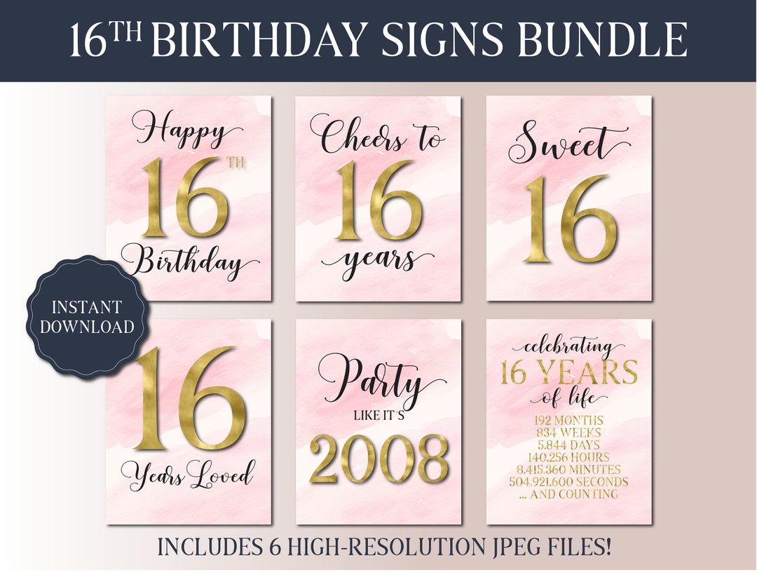 16th Birthday Printable Signs Bundle - Pink Watercolor - Sweet 16 ...