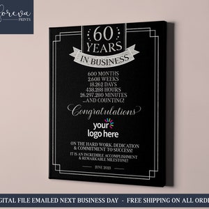60th Business Anniversary Canvas Gift Idea, 60 Years in Business Sign Wall Art, Gift for Small Business Owner, Custom Business Sign Gift