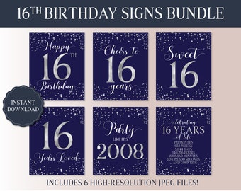 16th Birthday Printable Signs Bundle - Navy & Silver - Sweet 16 Birthday Decor Tabletop Signs - Cheers to 16 Years - Happy 16th Birthday