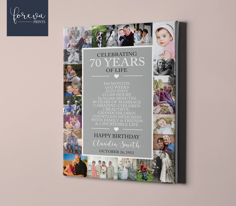 May include: A collage of photos celebrating a 70th birthday with the text "Celebrating 70 Years of Life" and a list of milestones including 840 months, 3,652 weeks, 25,557 days, 613,208 hours, 36,762,000 minutes, 40 years of marriage, 3 amazing children, 2 beautiful grandchildren, countless memories with family and friends, and 1 incredible life. The text "Happy Birthday Claudia Smith" and the date "October 26, 1952" are also included.