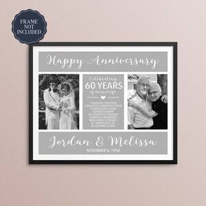 May include: A black and white photo collage celebrating a 60th anniversary. The collage features two photos of a couple, one from their wedding day and one from the present. The text reads "Happy Anniversary", "Celebrating 60 Years of Marriage", "Jordan & Melissa", and "November 6, 1958".
