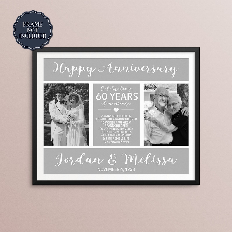 May include: A black and white photo collage celebrating a 60th anniversary. The collage features two photos of a couple, one from their wedding day and one from the present. The text reads "Happy Anniversary", "Celebrating 60 Years of Marriage", "Jordan & Melissa", and "November 6, 1958".
