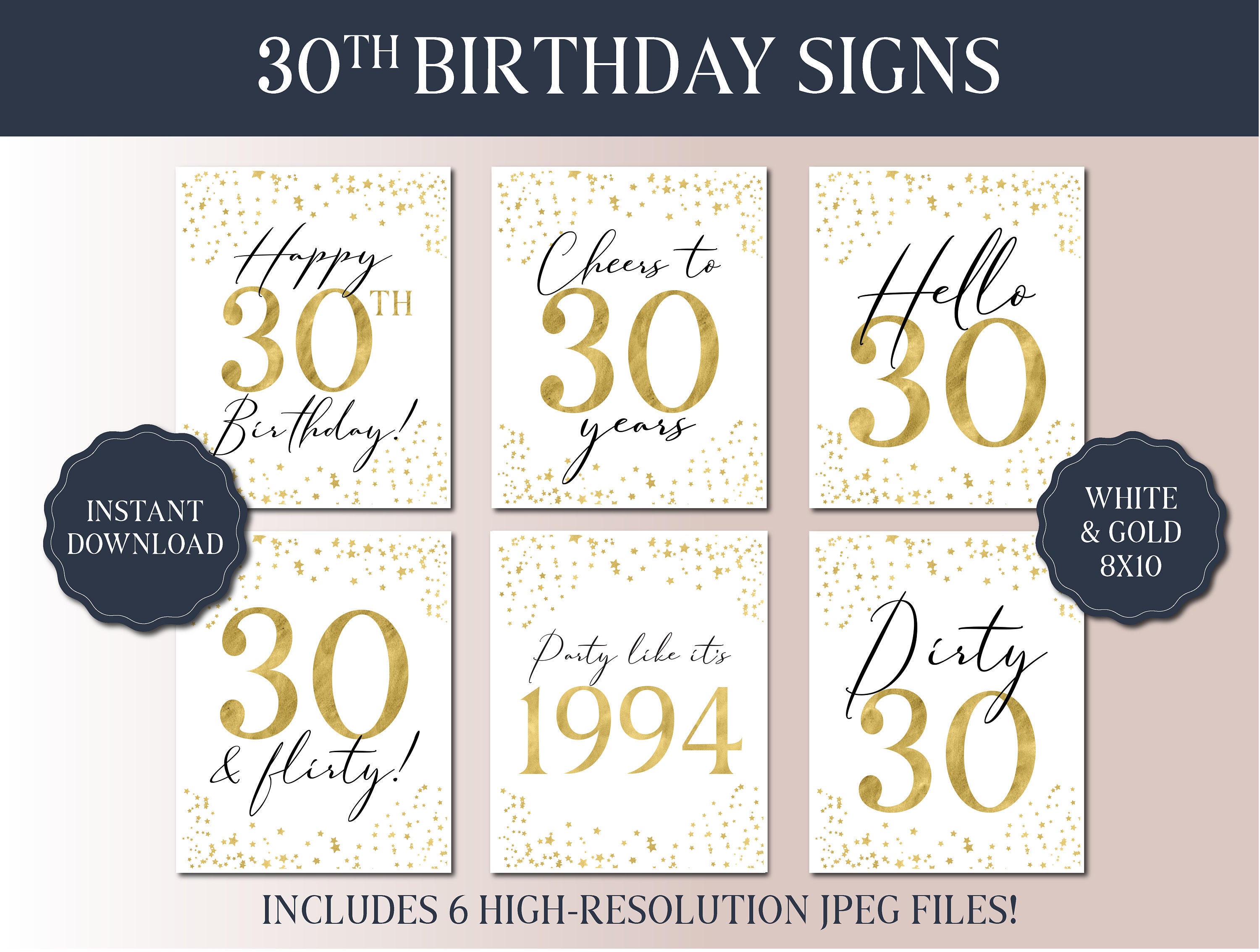 30th Birthday Sign Bundle of 6- White and Gold Party 2024 - Instant ...