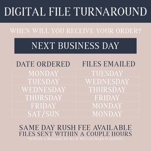 May include: A chart showing the turnaround time for digital files. The chart shows the day of the week an order is placed and the day of the week the files will be emailed. The chart also states that a same-day rush fee is available for files to be sent within a couple of hours.