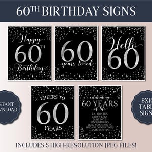 60th Birthday Signs Bundle - Black and Silver Party 2025 - Instant Download Printable Party Signs - Hello 60 - Vintage 1965