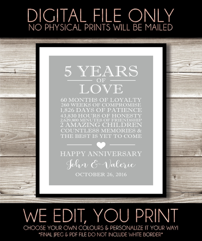 Last Minute 5 Year Anniversary Gifts 5 Year Wedding Anniversary Printable Last minute t idea