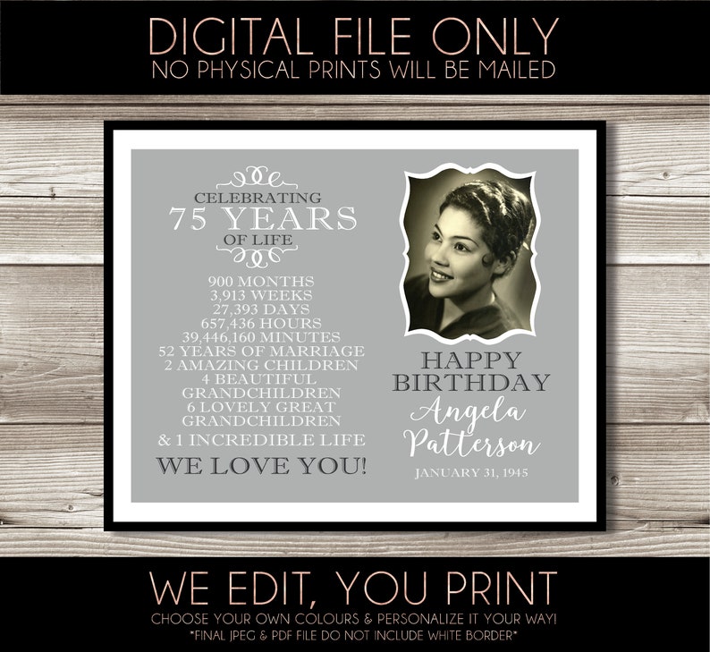 75th Birthday Photo Print Birthday Gift Idea Digital Print - Etsy Canada