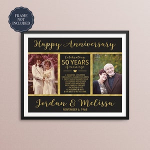 May include: A black and gold framed print celebrating a 50th wedding anniversary. The print features two photos of a couple, one from their wedding day and one from the present. The text reads "Happy Anniversary", "Celebrating 50 Years of Marriage", "Jordan & Melissa", and "November 6, 1968".