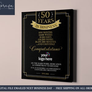 50th Business Anniversary Canvas Gift Idea, 50 Years in Business Sign Wall Art, Gift for Small Business Owner, Custom Business Sign Gift