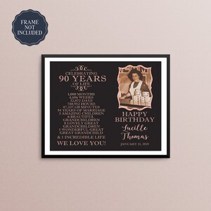 May include: A black and white photo of a woman in a black dress and apron standing behind a counter with jars of food. The photo is surrounded by a black frame with a gold border. The text "Celebrating 90 Years of Life" is written in gold lettering at the top of the frame. The text "Happy Birthday Lucille Thomas January 31, 1929" is written in gold lettering at the bottom of the frame.