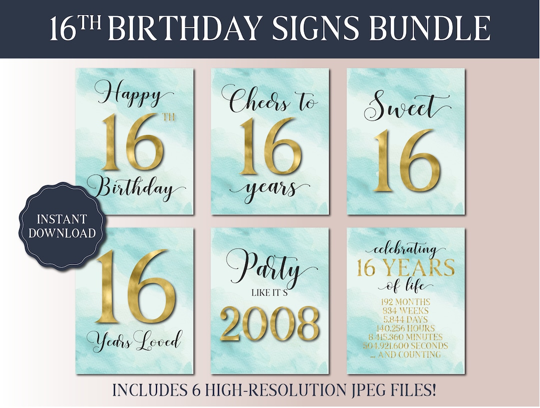 16th Birthday Printable Signs Bundle - Blue Watercolor - Sweet 16 ...