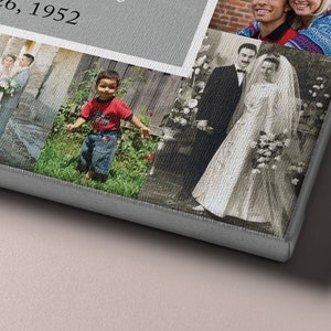 May include: A collage of family photos, including a wedding photo, a photo of a young boy, and a photo of a couple. The collage is printed on canvas and has a gray frame.