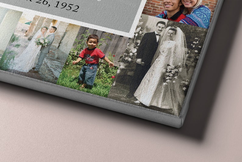 May include: A collage of family photos, including a wedding photo, a photo of a young boy, and a photo of a couple. The collage is printed on canvas and has a gray frame.