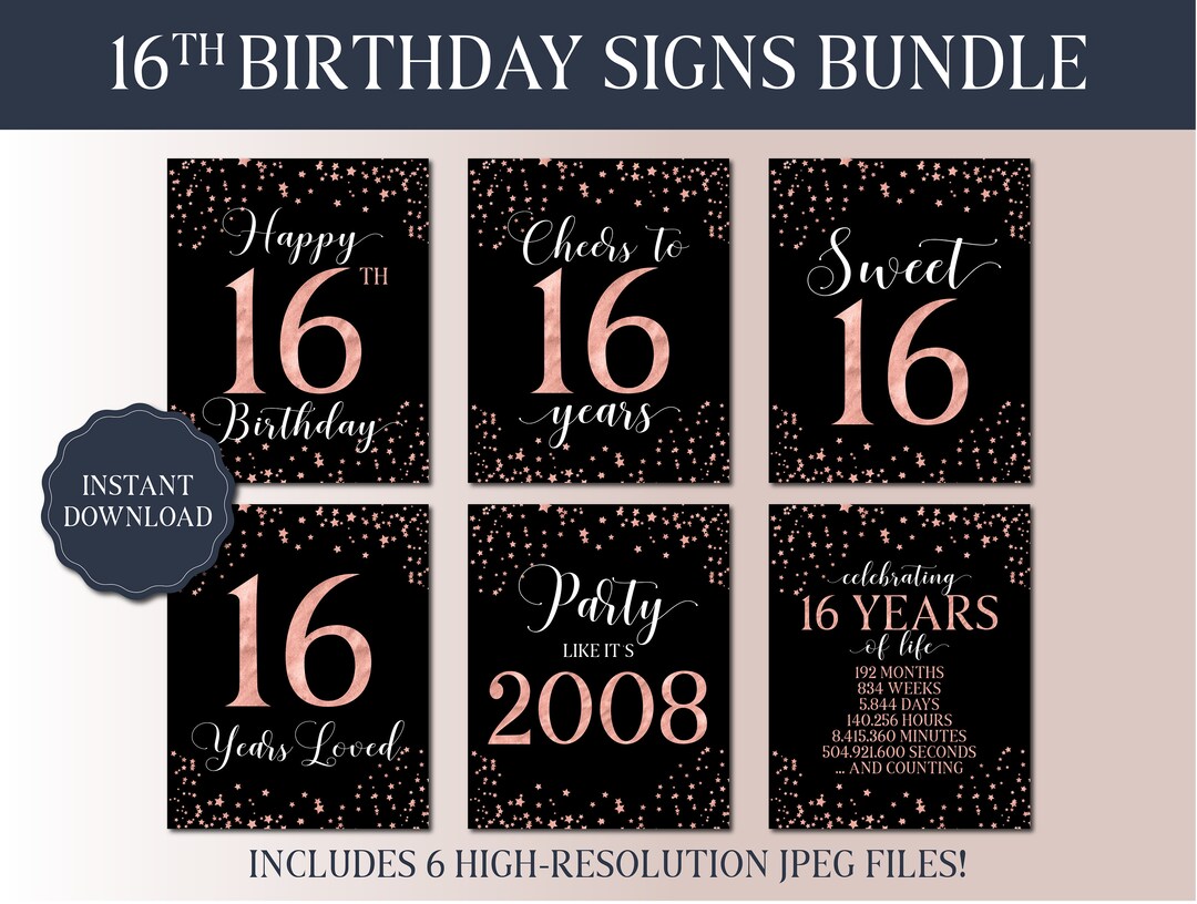 16th Birthday Printable Signs Bundle - Black &amp; Rose Gold - Sweet 16 ...