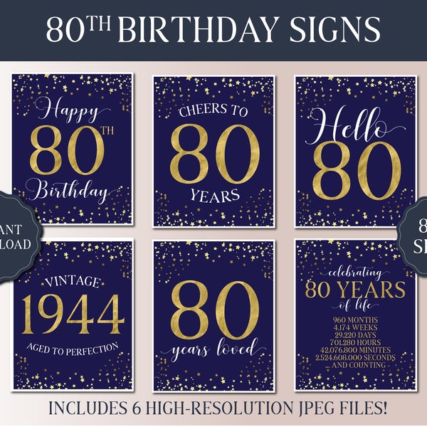 80th Birthday Signs Bundle - Navy and Gold Party 2024 - Instant Download Printable Party Signs - Hello 80 - Vintage 1944