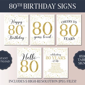 May include: Five printable 8x10 inch table signs with gold glitter and black text for an 80th birthday celebration. The signs say "Happy 80th Birthday", "80 Years Loved", "Cheers to 80 Years", "Hello 80", and "Celebrating 80 Years of Life".