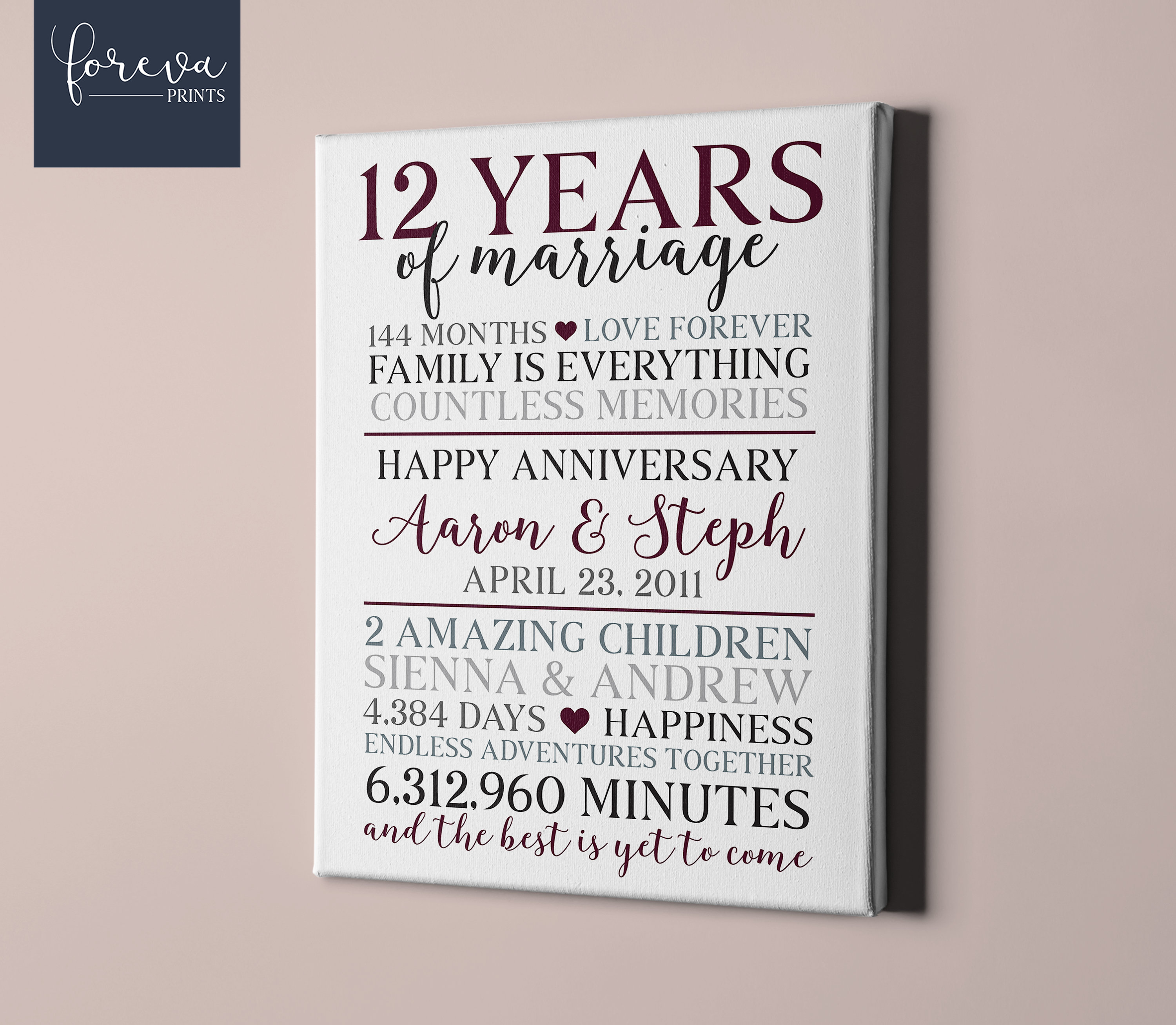 Custom 12th Anniversary Gift, 12 Years Anniversary Gift For Couple,  Personalized 12th Anniversary Canvas - Stunning Gift Store