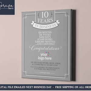10th Business Jubiläum Leinwand Geschenkidee, 10 Jahre im Geschäft Zeichen Wandkunst, Geschenk für Kleinunternehmer, individuelles Geschäftszeichen Geschenk