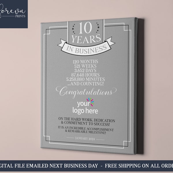 10th Business Anniversary Canvas Gift Idea, 10 Years in Business Sign Wall Art, Gift for Small Business Owner, Custom Business Sign Gift