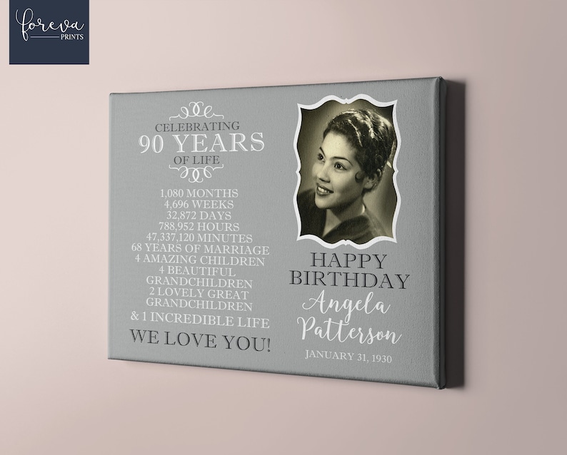 May include: A gray canvas print with a black and white photo of a woman. The print celebrates 90 years of life and includes the text "Happy Birthday Angela Patterson January 31, 1930".