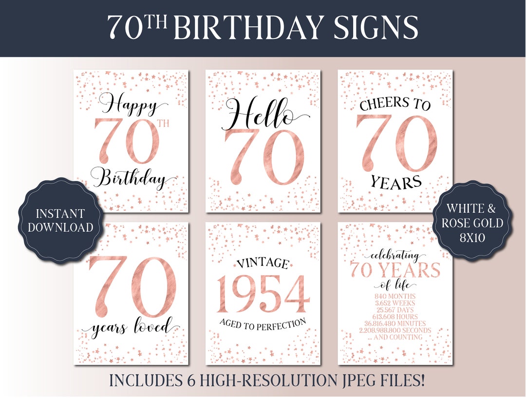 70th Birthday Signs Bundle White and Rose Gold Party 2024 Instant ...