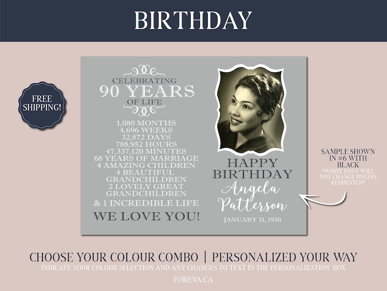 May include: A gray and white printable birthday card with a photo of a woman. The card says "Celebrating 90 Years of Life" and lists the number of months, weeks, days, hours, minutes, and years of life. The card also says "Happy Birthday Angela Patterson" and "January 31, 1930".