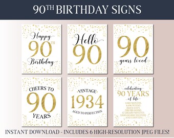 90th Birthday Signs Bundle - White and Gold Party 2024 - Instant Download Printable Party Signs - Hello 90 - Vintage 1934