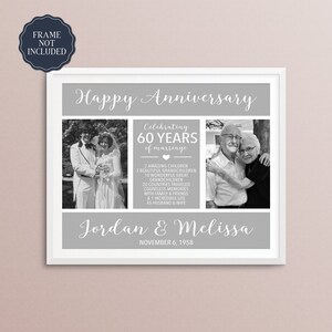 May include: A black and white photo collage celebrating a 60th wedding anniversary. The collage features two photos of the couple, one from their wedding day and one from the present. The text reads "Happy Anniversary", "Celebrating 60 Years of Marriage", "Jordan & Melissa", and "November 6, 1958".