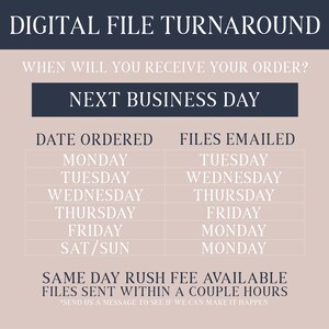 May include: A chart showing the turnaround time for digital files. The chart shows the day of the week an order is placed and the day of the week the files will be emailed. The chart also states that a same-day rush fee is available for files to be sent within a couple of hours.