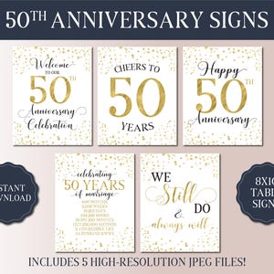 50. Hochzeitsjubiläum Schilder Bundle - Verheiratet 1975 - Goldene Jubiläumsparty - Weißgoldfolie Tabletop Schild - Jubiläumsfeier Dekor