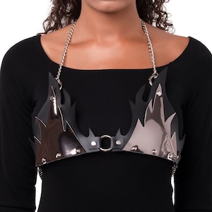 Silver faux leather fire silver rings chain bra