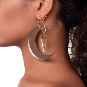 Gold mirror acrylic moon crystal earrings